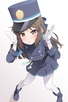 Rule 34 | 1girl, :o, arms up, belt, black belt, blue archive, blue boots, blue bow, blue hairband, blue hat, blue jacket, blue skirt, boots, bow, brown eyes, brown hair, buttons, charm (object), commentary request, cosplay, crime prevention buzzer, dot nose, gloves, gradient background, hair bow, hairband, hat, highres, hikari (blue archive), hikari (blue archive) (cosplay), idolmaster, idolmaster cinderella girls, idolmaster cinderella girls u149, jacket, kanji connection, long hair, long sleeves, looking at viewer, miniskirt, name connection, nekono matatabi, open mouth, pantyhose, peaked cap, pleated skirt, shako cap, skirt, solo, standing, sweatdrop, tachibana arisu, train conductor, whistle, white background, white gloves, white pantyhose