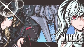 Rule 34 | armpit cutout, bare shoulders, blonde hair, blue eyes, bodysuit, breasts, broken mask, cinderella (nikke), cleavage, cloak, closed mouth, clothing cutout, gloves, goddess of victory: nikke, grave (nikke), hair between eyes, hair over one eye, highres, hood, hood up, jon orange, large breasts, lens flare, long hair, looking at viewer, mask, multiple girls, old tales (nikke), parody, red eyes, see-through bodysuit, see-through clothes, style parody, tengen toppa gurren lagann, ttgl eyecatch, twintails, very long hair, white bodysuit, white hair