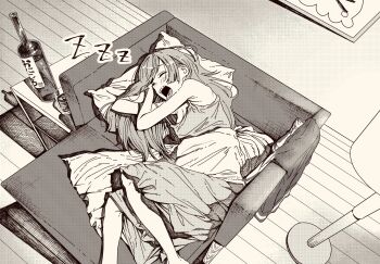 1girl alcohol bocchi_the_rock! couch greyscale highres hiroi_kikuri long_hair monochrome open_mouth poteko_(poteko11250319) sleeping sleeveless