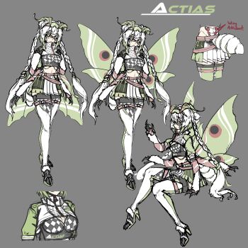 1girl abdomen_tail antennae arthropod_girl black_sclera braid breasts checkered_bikini_top colored_sclera extra_arms green_eyes green_hair grey_background highres indie_virtual_youtuber insect_girl insect_wings juniper_(artist) juniper_actias juniper_actias_(racing_queen) large_breasts long_hair moth_antennae moth_girl moth_wings race_queen reference_sheet thighhighs twin_braids virtual_youtuber white_hair white_thighhighs wings