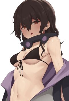 1girl adachi_t_(xadachit) bikini black_bikini black_jacket blush breasts brown_eyes brown_hair commentary front-tie_bikini_top front-tie_top girls&#039;_frontline girls&#039;_frontline_neural_cloud hair_between_eyes hatsuchiri_(neural_cloud) highres jacket long_hair looking_at_viewer medium_breasts mole mole_under_eye navel off_shoulder open_clothes open_jacket open_mouth purple_jacket sidelocks simple_background solo stomach string_bikini swimsuit upper_body white_background