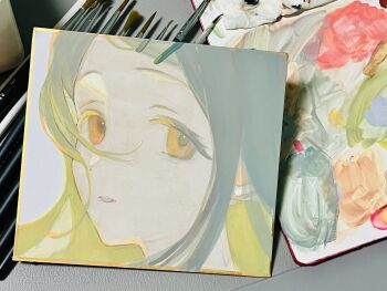 1girl art_tools_in_frame gakuen_idolmaster grey_hair highres idolmaster long_hair looking_at_viewer nininiwa2 orange_eyes parted_lips photo_(medium) shikishi shinosawa_hiro solo traditional_media