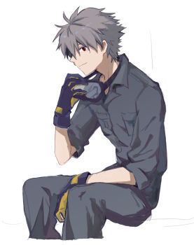 Rule 34 | 1boy, alternate costume, closed mouth, collared shirt, gloves, goggles, goggles around neck, grey hair, grey pants, grey shirt, highres, invisible chair, male focus, nagisa kaworu, neon genesis evangelion, pants, red eyes, shirt, short hair, simple background, sitting, sleeves rolled up, solo, white background, yorumi1117
