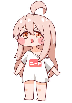 1girl :d absurdres ahoge barefoot blush_stickers chibi chibi_only commentary full_body gtmd0gjamw hair_between_eyes highres long_hair no_pants onii-chan_wa_oshimai! open_mouth orange_eyes oversized_clothes oversized_shirt oyama_mahiro pink_hair shirt short_sleeves simple_background single_bare_shoulder single_off_shoulder smile solo t-shirt v-shaped_eyebrows very_long_hair white_background white_shirt