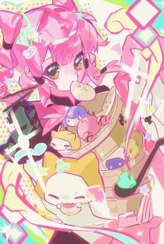 Rule 34 | 1girl, ^ ^, animal, black dress, blunt bangs, bow-shaped hair, braid, braided hair rings, brown eyes, cat, character-themed food, chinese clothes, chinese commentary, cloak, closed eyes, clothed animal, collared dress, commentary request, cowboy shot, double bun, dress, drop shadow, ear covers, eating, eyes visible through hair, faewish sprite, food, food in mouth, hair bun, hair rings, hair tubes, halftone, happy, high collar, highres, holding bamboo steamer, hood, hood up, hooded cloak, infinity nikki, ladle, layered sleeves, long sleeves, looking at viewer, momo (nikki), mouth hold, nikki (nikki), nikki (series), piecey, pink hair, pink tabard, pointy nose, procreate (medium), qingningqianxianick, short hair, short over long sleeves, short sleeves, sidelocks, smile, song beyond (infinity nikki), sparkle, star (symbol), steamed bun, stylist (nikki), tabard, white background, white cat, white sleeves, wide sleeves, yellow cloak