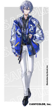 Rule 34 | 1boy, adjusting clothes, animal print, arm at side, bead necklace, beads, belt, belt buckle, black belt, black choker, blue eyes, blue hair, blue jacket, border, buckle, choker, closed mouth, collared shirt, commentary request, copyright notice, double-parted bangs, earrings, full body, grey background, grey eyes, grey hair, grey shirt, hair between eyes, head tilt, jacket, jewelry, koujisako, koyanagi rou, long sleeves, looking at viewer, male focus, multicolored eyes, multicolored hair, necklace, nijisanji, official art, open clothes, open jacket, outside border, sample watermark, shirt, shirt partially tucked in, short hair, simple background, single earring, single off shoulder, sleeves past wrists, smile, solo, splatter print, standing, streaked hair, sukajan, twitter username, two-tone eyes, virtual youtuber, watermark, white border, zipper