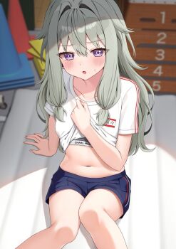 1girl :o alternate_costume arm_support artist_name blue_shorts blurry blurry_background blush breasts charl2837 clothes_lift clothes_writing collarbone commentary_request cowboy_shot depth_of_field feet_out_of_frame from_above green_hair gym_shirt gym_shorts gym_storeroom gym_uniform hair_between_eyes hair_flaps hair_intakes hand_up highres indoors knees_together_feet_apart kusanagi_nene lifting_own_clothes long_hair long_sidelocks looking_at_viewer low-tied_sidelocks mat midriff name_tag navel open_mouth project_sekai purple_eyes shirt shirt_lift short_shorts short_sleeves shorts sidelocks sitting small_breasts solo sports_bra stomach sweat sweatdrop t-shirt traffic_cone underwear underwear_writing vaulting_horse white_shirt