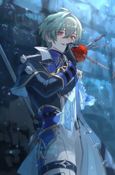 Rule 34 | 1boy, ahoge, apple, armor, arrow (projectile), artist name, black choker, black coat, black gloves, blue cape, blue coat, blue gloves, blue shirt, blue vest, buttons, cape, choker, coat, collared shirt, commentary request, cowboy shot, crossed bangs, food, fruit, genshin impact, gloves, gold trim, grey hair, grin, hair between eyes, hair intakes, hand up, highres, holding, holding food, holding fruit, holding polearm, holding weapon, knife, lapels, lohen (genshin impact), long sleeves, looking at viewer, male focus, mole, mole under eye, multicolored eyes, multicolored gloves, open clothes, open coat, pants, pauldrons, polearm, red eyes, shirt, short hair, shoulder armor, sleeve cuffs, smile, solo, spiked pauldrons, spikes, standing, stone wall, table knife, tanemaki monaka, tassel, teeth, thigh strap, twitter username, two-tone gloves, vest, watermark, weapon, white pants, white shirt, wing collar