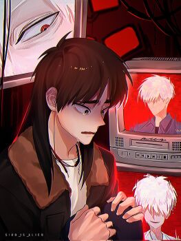 2boys akagi:_yami_ni_oritatta_tensai akagi_shigeru black_eyes bomber_jacket brown_hair brown_jacket cable collared_shirt commentary corrupted_twitter_file dated faceless faceless_male fukumoto_mahjong grey_shirt hair_between_eyes hair_over_eyes hands_on_own_knees highres itou_kaiji jacket kaiji long_bangs looking_at_viewer male_focus multiple_boys open_mouth red_background red_eyes scared shirt siho_is_alien sitting smile static symbol-only_commentary television ten_(manga) upper_body wavy_mouth white_hair white_shirt wrinkled_skin