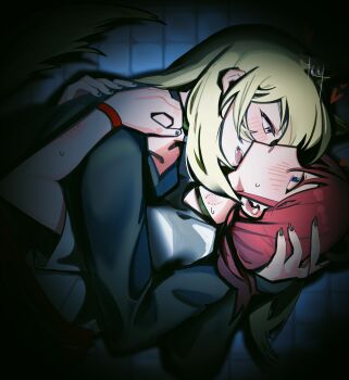 2girls absurdres animal_ears bite_mark bite_mark_on_neck black_nails black_shirt blonde_hair blue_eyes blush cat_ears chinese_commentary collar commentary_request fangs girls_band_cry grey_eyes haidao_mao heart highres holding holding_leash iseri_nina kawaragi_momoka leash long_hair long_sleeves looking_at_another multiple_girls open_mouth parted_lips red_hair shirt short_sleeves short_twintails simple_background translation_request twintails upper_body white_shirt yuri