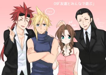 1girl 3boys aerith_gainsborough bindi black_hair blonde_hair blue_eyes blue_shirt breasts brown_hair choker cleavage closed_eyes cloud_strife collarbone crossed_arms curly_hair dress facial_tattoo final_fantasy final_fantasy_vii formal_clothes goggles goggles_on_head green_eyes jewelry krudears long_hair low_ponytail multiple_boys necklace necktie pink_dress ponytail red_hair reno_(ff7) ribbon shirt spiked_hair square_enix straight_hair suit sweatdrop tattoo tseng turks_(ff7) turtleneck unbuttoned unbuttoned_shirt