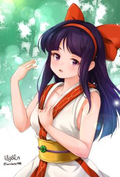 1girl ainu_clothes breasts clothes_pull hair_ribbon haruhata4814 highres long_hair medium_breasts nakoruru open_mouth purple_eyes purple_hair ribbon samurai_spirits snk solo sweat the_king_of_fighters the_king_of_fighters_xv top_pull