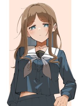 1girl bang_dream! bang_dream!_it&#039;s_mygo!!!!! blue_eyes blue_shirt blue_skirt brown_hair closed_mouth commentary_request highres long_hair looking_at_viewer midriff_peek nagasaki_soyo pleated_skirt sailor_collar school_uniform shirt skirt solo tsukinomori_school_uniform tsuyudashimirin white_sailor_collar