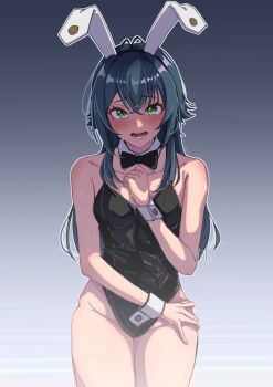 1girl 6kus absurdres alternate_costume animal_ear_hairband animal_ears black_background black_bow black_bowtie black_leotard blush bow bowtie collarbone commentary_request detached_collar fake_animal_ears gakuen_idolmaster gradient_background green_eyes green_hair hairband highres idolmaster leotard long_hair open_mouth playboy_bunny rabbit_ear_hairband rabbit_ears solo strapless strapless_leotard sweat teeth tsukimura_temari white_background white_wrist_cuffs wrist_cuffs