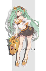 Rule 34 | 1girl, absurdres, arm tattoo, belt, belt buckle, black choker, black skirt, bow, bra, breasts, buckle, choker, cleavage, cloudyman, eyewear on head, floating hair, flower, footwear bow, full body, green eyes, green hair, grey background, hair flower, hair ornament, hatsune miku, head tilt, highres, holding, holding suitcase, long hair, looking at viewer, midriff, miniskirt, navel, number tattoo, orange-tinted eyewear, orange belt, orange bra, orange footwear, pleated skirt, shadow, shirt, skirt, small breasts, solo, standing, stomach, suitcase, sunflower, sunglasses, tattoo, tinted eyewear, twintails, two-tone background, underwear, very long hair, vocaloid, white background, white bow, white shirt, yellow flower