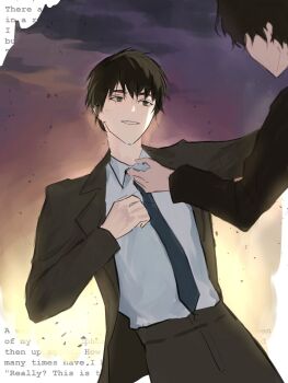 2boys black_coat black_eyes black_hair black_necktie clothes_grab coat collared_shirt commentary cowboy_shot emosunfish english_text falling highres kim_dokja looking_at_another male_focus multiple_boys necktie omniscient_reader&#039;s_viewpoint out_of_frame outstretched_arm reaching reaching_towards_another shirt shirt_grab short_hair smile sunset symbol-only_commentary white_shirt yoo_joonghyuk