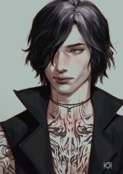 Rule 34 | 1boy, absurdres, black hair, closed mouth, devil may cry (series), devil may cry 5, full-body tattoo, hair over one eye, highres, koro dou, pale skin, simple background, solo, tattoo, v (devil may cry)