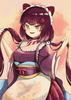 Rule 34 | 1girl, animal ears, apron, black choker, brown dress, brown hair, choker, dog ears, dog girl, dress, heterochromia, highres, inui toko, inui toko (1st costume), japanese clothes, long hair, looking at viewer, maid, nijisanji, open mouth, red eyes, seele (chanseele0128), smile, solo, twintails, very long hair, virtual youtuber, wa maid, white apron, yellow eyes