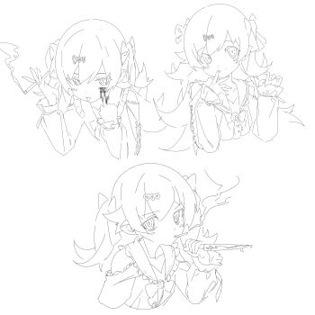 1girl absurdres arm_at_side bags_under_eyes between_fingers blood bloody_knife blush_stickers bow bowtie brooch cigarette clothing_cutout cropped_torso curled_fingers dot_nose flipped_hair frilled_sailor_collar frilled_sleeves frills hair_between_eyes hair_bow hair_flaps hair_ornament hand_to_own_mouth hands_up heart heart_hair_ornament heart_ornament highres holding holding_cigarette holding_knife jewelry jirai_kei knife lineart long_hair long_sleeves looking_at_viewer middle_finger monogatari_(series) multiple_views oshino_shinobu parted_lips pointy_ears ringed_eyes sailor_collar sailor_shirt shirt shishirui_san shoulder_cutout smoking swept_bangs tongue tongue_out twintails upper_body very_long_hair