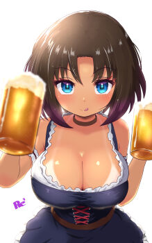 1girl :q alcohol beer beer_mug bikini_tan blue_eyes blush breasts brown_hair choker cleavage cup dirndl dress elma_(maidragon) german_clothes gradient_hair highres holding holding_cup kobayashi-san_chi_no_maidragon large_breasts looking_at_viewer mug multicolored_hair reiwa_rerere short_hair simple_background smile solo tan tanline tongue tongue_out white_background