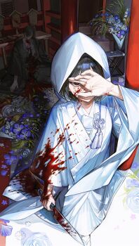1boy 1girl absurdres black_eyes black_hair black_haori blood blood_on_clothes blood_on_face blood_on_ground blood_on_hands bloody_knife bloody_weapon bouquet chinese_commentary commentary_request covering_face death flower fox_mask_(silent_hill) grey_kimono haori highres holding holding_knife holding_weapon huli_xiaobai injury japanese_clothes kimono knife long_sleeves murder purple_flower sandals shading_eyes shimizu_hinako shiromuku short_hair silent_hill_(series) silent_hill_f spoilers tassel uchikake walking wataboushi weapon wedding white_flower white_kimono wide-eyed wide_sleeves
