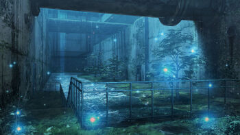 abandoned bridge building canal commentary_request grass haguruma_rapt highres industrial_pipe night no_humans original outdoors overgrown plant railing scenery tree vines water waterfall