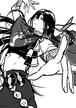 1boy crop_top dancer dancing fire_emblem fire_emblem_engage highres long_hair looking_at_viewer midriff misoshiru_utoma nintendo seadall_(fire_emblem) smile