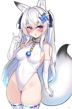 Rule 34 | 1girl, aged down, animal ears, bare shoulders, blush, breasts, elbow gloves, fox ears, fox girl, fox shadow puppet, fox tail, gloves, highleg, highleg leotard, highres, kutan, leotard, long hair, looking at viewer, mizuki (kutan), open mouth, original, pinwheel, pinwheel hair ornament, purple eyes, ribbon-trimmed thighhighs, ribbon trim, see-through clothes, see-through leotard, small breasts, solo, tail, thighhighs, white hair, white thighhighs