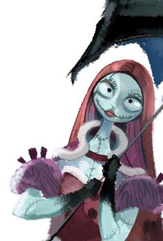 1girl bumble_tmnt colored_skin dress highres holding holding_umbrella long_hair patchwork_clothes patchwork_skin pinstripe_pattern red_hair sally_(nbc) smile stitched_arm stitched_face stitches striped_clothes striped_vest the_nightmare_before_christmas umbrella upper_body vest