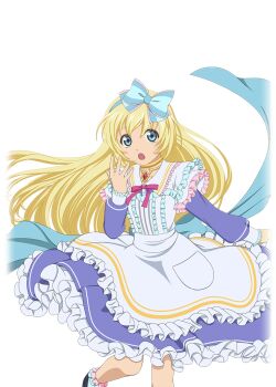 Rule 34 | 1girl, artist request, blonde hair, blue dress, blue eyes, colette brunel, dress, game cg, gem, gold choker, hair ornament, jewelry, long hair, looking at viewer, necklace, official alternate costume, official art, open mouth, red gem, ribbon, shoes, solo, tales of (series), tales of asteria, tales of symphonia, third-party source, transparent background, white dress