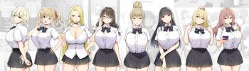 6+girls :o absurdres aimi_(sky-freedom) akane_(sky-freedom) arms_behind_back black_bow black_bowtie black_choker black_hair black_skirt blonde_hair blue_eyes blush bow bowtie breasts brown_eyes brown_hair bubble_tea button_gap cellphone character_request choker cleavage closed_mouth clothes_lift collared_shirt commentary cowboy_shot crossed_arms cup curvy double_w dress dress_lift drinking_straw ear_piercing glasses glasses_onee-san_(sky_(freedom)) grey_eyes grey_skirt hair_behind_ear hair_bun hair_ornament hairclip hand_on_own_hip hand_up hands_up high_ponytail highres hime_cut himeko_(sky-freedom) hinano_(sky-freedom) holding holding_phone huge_breasts joshi_kousei_rich_thots kaori_(sky-freedom) large_breasts lineup long_hair looking_at_viewer middle_finger miniskirt mio_(sky-freedom) mole mole_under_mouth multiple_girls nail_polish one_eye_closed open_mouth original parted_lips partially_unbuttoned phone piercing pink_eyes pink_hair pleated_skirt ponytail purple_eyes red_scrunchie rena_(sky-freedom) riko_(sky-freedom) school_uniform scrunchie semi-rimless_eyewear shirt shirt_tucked_in short_hair short_sleeves short_twintails sidelocks single_hair_bun skirt sky-freedom smartphone smile standing thighs twintails untucked_shirt v w white_shirt yellow_eyes yui_(sky-freedom) yurie_(sky-freedom)