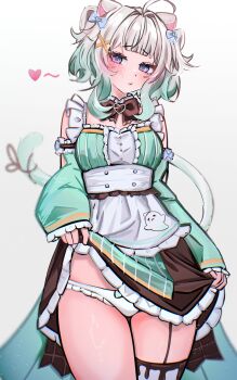 1girl absurdres animal_ears blush bow bowtie brown_bow brown_bowtie cat_ears closed_mouth clothes_lift densetsu.exe detached_collar dress dress_lift green_dress green_hair hair_bow hair_ornament hashtag-only_commentary highres ketari mint_fantome multicolored_hair single_thighhigh striped_clothes striped_dress tail thighhighs underwear vertical-striped_clothes vertical-striped_dress white_hair x_hair_ornament