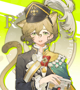 Rule 34 | 1girl, :d, animal ears, badge, black hat, black jacket, brown hair, cape, character name, chinese commentary, commentary request, earrings, green background, green cape, green eyes, hat, hat feather, highres, holding, holding notebook, jacket, jaguar ears, jaguar girl, jaguar tail, jewelry, kemonomimi mode, looking at viewer, military hat, mingzhaichuan, notebook, open mouth, recoleta (reverse:1999), reverse:1999, sash, short hair, shoulder sash, side cape, smile, solo, tail, upper body, white sash