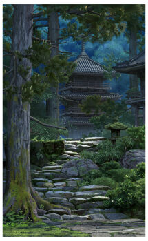 absurdres architecture border commentary_request day east_asian_architecture forest highres moss nature no_humans original outdoors pagoda scenery shrine stairs tenca_arts tree white_border