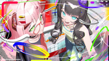 2girls absurdres blue_eyes commentary commission english_commentary glasses green_eyes hair_ornament hairclip highres horns long_hair multiple_girls original pink_hair signal_1120 skeb_commission