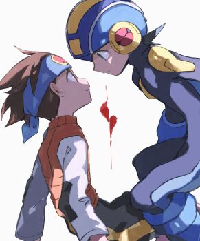 2boys absurdres black_hair blue_bodysuit blue_eyes blue_headband bodysuit boots brown_eyes brown_hair closed_mouth feet_out_of_frame from_side headband helmet highres kneeling kurage2535 lan_hikari_(mega_man) long_sleeves male_focus mega_man_(series) mega_man_battle_network_(series) megaman.exe multiple_boys orange_vest shirt sitting vest white_background white_shirt