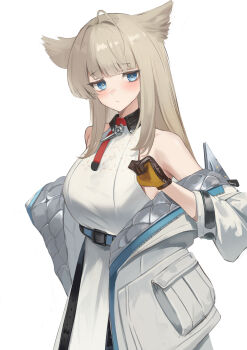 1girl absurdres ahoge animal_ears arknights arknights:_endfield bare_shoulders bird_ears bird_girl black_gloves blue_eyes coat commentary_request dress gloves grey_hair highres long_hair long_sidelocks looking_at_viewer multicolored_gloves off_shoulder open_clothes open_coat perlica_(arknights) remapack77 sidelocks simple_background sleeveless sleeveless_dress solo two-tone_gloves upper_body white_background white_coat white_dress