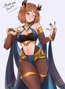 1girl alternate_costume blue_eyes borrowed_character breasts bridal_gauntlets brown_bridal_gauntlets brown_hair brown_pantyhose cleavage commentary commission commissioner_name cosplay dancer dorothea_arnault dorothea_arnault_(plegian) dorothea_arnault_(plegian)_(cosplay) english_commentary female_kiran_(fire_emblem) fire_emblem fire_emblem_heroes highres kiran_(fire_emblem) large_breasts navel nintendo pantyhose parted_bangs parted_lips serafineart1001 short_hair sideboob simple_background sketch skindentation smile stomach thank_you white_background