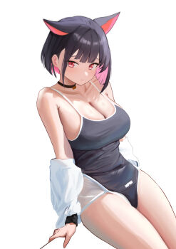 1girl absurdres animal_ears black_hair black_one-piece_swimsuit blue_archive breasts cat_ears cleavage collared_shirt colored_inner_hair competition_school_swimsuit covered_navel dress_shirt highres kazusa_(blue_archive) large_breasts multicolored_hair one-piece_swimsuit open_clothes open_shirt pink_hair red_eyes school_swimsuit shirt short_hair simple_background sitting solo swimsuit white_background white_shirt wumeizhi_ume