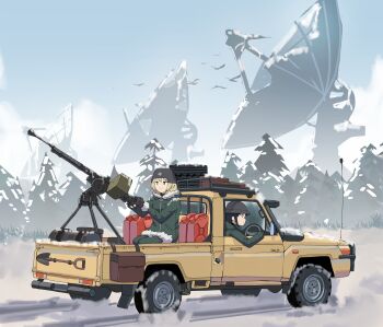 2girls absurdres artist_name bird black_eyes black_hair blonde_hair blue_eyes blue_sky brodie_helmet car chito_(shoujo_shuumatsu_ryokou) closed_mouth cloud coat combat_helmet commentary day driving english_commentary fur-trimmed_coat fur_trim gar32 green_coat green_pants gun heavy_machine_gun helmet highres jerry_can long_sleeves machine_gun military_uniform motor_vehicle multiple_girls outdoors pants pickup_truck pine_tree radio_telescope right-hand_drive shoujo_shuumatsu_ryokou shovel sitting sky smile snow spare_tire technical toyota toyota_hilux tree truck unused_tire vehicle_focus weapon yellow_car yuuri_(shoujo_shuumatsu_ryokou)