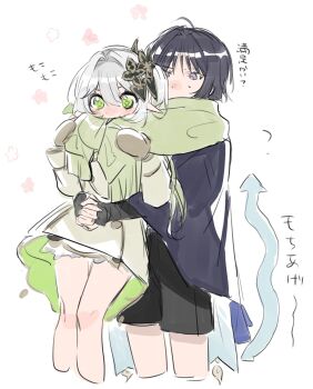 1boy 1girl ahoge alternate_costume armor arrow_(symbol) bearhug black_bridal_gauntlets black_hair black_shorts black_sleeves bloomers blunt_ends blush bridal_gauntlets bright_pupils brown_mittens coat colored_tips commentary_request contemporary cropped_legs cross-shaped_pupils dress embarrassed eyelashes furisode genshin_impact gold_ring green_coat green_eyes green_hair green_pupils green_scarf grey_coat grey_sleeves hair_between_eyes hair_intakes hair_ornament hands_up hetero highres hug hug_from_behind interlocked_fingers japanese_armor japanese_clothes kimono kote kurokote leaf leaf_hair_ornament long_hair long_sleeves looking_down middle_ring mittens multicolored_hair nahida_(genshin_impact) onigiri_po_0205 own_hands_together pointy_ears purple_eyes scaramouche_(genshin_impact) scarf shared_clothes shared_scarf shorts side_ponytail sidelocks sweatdrop symbol-shaped_pupils tareme translation_request two-sided_coat two-sided_fabric underwear wanderer_(genshin_impact) white_background white_bloomers white_dress white_hair white_pupils wide_sleeves winter_clothes winter_coat wispy_bangs