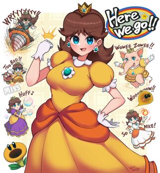 blue_eyes brooch brown_hair crown dress drill drill_daisy earrings elephant_daisy fire_daisy flower_earrings gloves goomba highres jewelry mario_(series) mini_crown multiple_persona nintendo princess_daisy super_mario_bros._wonder talking_flower_(mario) wakaba_(wata_ridley) white_gloves yellow_dress