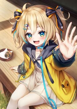 1girl animal_collar appare_hinata black_sailor_collar blonde_hair blue_collar blue_eyes blue_streaks blush bow collar commentary_request dress foot_out_of_frame hair_bow hair_ornament hairclip highres hood hooded_jacket jacket leash long_sleeves looking_at_viewer multicolored_hair multiple_hairclips open_clothes open_jacket open_mouth outstretched_arm pleated_dress reaching reaching_towards_viewer sailor_collar sailor_dress short_dress solo streaked_hair suhiyoru_isu thighhighs twintails virtual_youtuber weather_planet white_dress white_thighhighs yellow_jacket