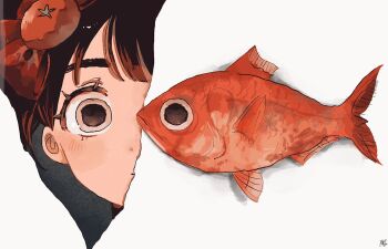 Rule 34 | 1girl, black hair, bow, eyelashes, fish, food-themed hair ornament, goldfish, grey eyes, hair bow, hair ornament, highres, original, red bow, signature, simple background, solo, split crop, tareme, tomato hair ornament, wasabi natsume, white background, wide-eyed