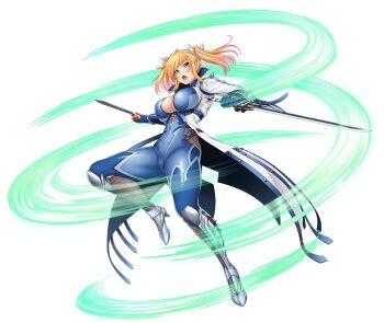 Rule 34 | 1girl, artist collaboration, belt, blonde hair, blue bodysuit, blue eyes, blue gloves, bodysuit, boots, breasts, cleavage, coat, covered navel, curvy, dual wielding, eyes visible through hair, fishnets, full body, gloves, gluteal fold, hair between eyes, hair ribbon, highres, holding, holding knife, holding sword, holding weapon, impossible bodysuit, impossible clothes, jumping, knife, large breasts, legs apart, lilith-soft, lips, long hair, long sleeves, looking at viewer, no bra, official art, open mouth, pointy ears, ribbon, sennen sensou aigis, shinganji kurenai, shiny clothes, shiny skin, short twintails, skin tight, slashing, solo, sword, taimanin (series), taimanin kurenai, taimanin rpgx, thighhighs, thighs, transparent background, trench coat, turtleneck, twintails, weapon, white ribbon, wide hips, zol