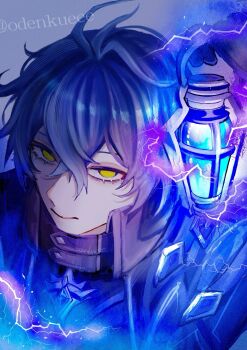 1boy antenna_hair artist_name black_coat black_gloves blue_hair closed_mouth coat collared_coat electricity flins_(genshin_impact) genshin_impact gloves hair_between_eyes hashtag-only_commentary high_collar highres holding holding_lantern lantern looking_at_viewer male_focus no_pupils odenkueee solo twitter_username yellow_eyes