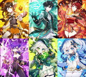 Rule 34 | 2boys, 4girls, absurdres, ahoge, alternate color, alternate eye color, alternate hair color, alternate universe, aqua eyes, aqua hair, ascot, asymmetrical gloves, bare shoulders, beret, biker clothes, bikesuit, black bodysuit, black bow, black bowtie, black coat, black gloves, black hair, bloomers, blue eyes, blue hair, blue sleeves, blush, bodysuit, bow, bowtie, braid, braided ponytail, breasts, bridal gauntlets, brown hair, bubble, cape, cleavage, closed mouth, coat, commentary request, cowboy shot, detached sleeves, dress, drop-shaped pupils, earrings, electro symbol (genshin impact), finger frame, fire, flower, furina (genshin impact), gem, genshin impact, geo symbol (genshin impact), gloves, gold trim, gradient hair, green ascot, green background, green bow, green eyes, green gem, green gloves, green hair, green hat, green jacket, green pupils, green ribbon, green theme, hair between eyes, hair ornament, hand up, hands up, hat, hat bow, hat flower, hat ribbon, heterochromia, highres, holding, holding sword, holding weapon, human scabbard, jacket, japanese clothes, jewelry, kimono, large breasts, light smile, long hair, long sleeves, looking at viewer, mavuika (genshin impact), mismatched gloves, mole, mole under eye, multicolored hair, multiple boys, multiple girls, musou isshin (genshin impact), nahida (genshin impact), nail polish, obi, obiage, obijime, oishii sasa, one eye closed, orange eyes, orange kimono, orange nails, outstretched arms, pale skin, palette swap, pants, pantyhose, parted lips, pointy ears, purple eyes, purple hair, pyro symbol (genshin impact), raiden shogun, red hair, red thighhighs, ribbon, sash, shirt, short hair with long locks, short kimono, shorts, shrug (clothing), side ponytail, single braid, sleeveless, sleeveless dress, smile, streaked hair, sword, symbol-shaped pupils, symbol in eye, thigh strap, thighhighs, thighs, twin braids, twitter username, underwear, venti (genshin impact), very long hair, vision (genshin impact), weapon, white bloomers, white dress, white gloves, white hair, white pants, white pantyhose, white shirt, white shorts, wide sleeves, yellow eyes, yellow hat, yellow shorts, zhongli (genshin impact)