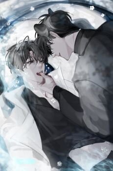 Rule 34 | 2boys, black eyes, black hair, black shirt, coat, finger in another's mouth, hayu beck, highres, kim dokja, looking at another, male focus, multiple boys, multiple scars, omniscient reader's viewpoint, open clothes, open coat, open mouth, popped collar, scar, scar on hand, shirt, short hair, stomach, white coat, yaoi, yoo joonghyuk