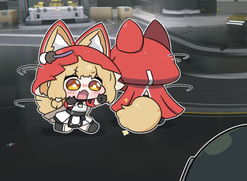 2girls afterimage animal_ears arknights arknights:_endfield beleullin black_gloves black_hair blonde_hair blush cape chibi commentary_request dress endministrator_(arknights) extra_ears fang female_endministrator_(arknights) feral_instincts game_screenshot_background gloves highres hood hood_up hooded_cape korean_commentary long_hair low-tied_sidelocks multiple_girls open_mouth outline red_cape rossi_(arknights) screenshot_background sidelocks skin_fang tail white_dress white_outline wolf_ears wolf_girl wolf_tail yellow_eyes