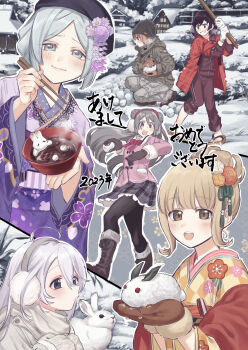 Rule 34 | 2023, 6+girls, :d, :o, ahoge, akeome, alternate costume, animal, aoba chika, asa no ha (pattern), beanie, black pantyhose, blonde hair, blue eyes, blue hair, blush, boots, bowl, brown eyes, brown gloves, brown hair, brown jacket, brown pants, brown track suit, building, buttons, checkered clothes, checkered kimono, chopsticks, closed mouth, collared jacket, commentary request, double bun, double vertical stripe, earmuffs, eyes visible through hair, floral print, flower, food, from side, fur-trimmed jacket, fur trim, geta, gloves, green jacket, grey hair, grey pants, grey skirt, hair between eyes, hair bun, hair ornament, happy new year, hat, highres, hiroe chiharu, hiroe chiharu (haregi costume), holding, holding bowl, holding chopsticks, holding snowball, jacket, japanese clothes, kanzashi, kimono, lace, lace-trimmed kimono, lace-up boots, lace trim, layered sleeves, long hair, long sleeves, looking at another, looking at viewer, magia record: mahou shoujo madoka magica gaiden, mahou shoujo madoka magica, medium hair, miniskirt, miura asahi, multiple girls, natsu ryoko, new year, official alternate costume, open mouth, orange gloves, orange hair, outdoors, outline, pants, pants rolled up, pantyhose, parted bangs, pile, pink jacket, plaid clothes, plaid jacket, plaid skirt, pleated skirt, plum blossom print, pocket, print kimono, profile, purple flower, purple kimono, purple sash, red jacket, sakuramon, sash, shiruko (food), shoes, short hair, side up bun, sidelocks, skirt, smile, snow, snow rabbit, snowball, soup, toggles, toki sunao, toki sunao (haregi costume), tokime shizuka, tokime shizuka (winter costume), track jacket, track pants, translation request, tsumami kanzashi, v-shaped eyebrows, vertical-striped sash, very long hair, wavy mouth, white gloves, white hair, white outline, white rabbit (animal), wing collar, yellow kimono, yukishiro (hitsuji)